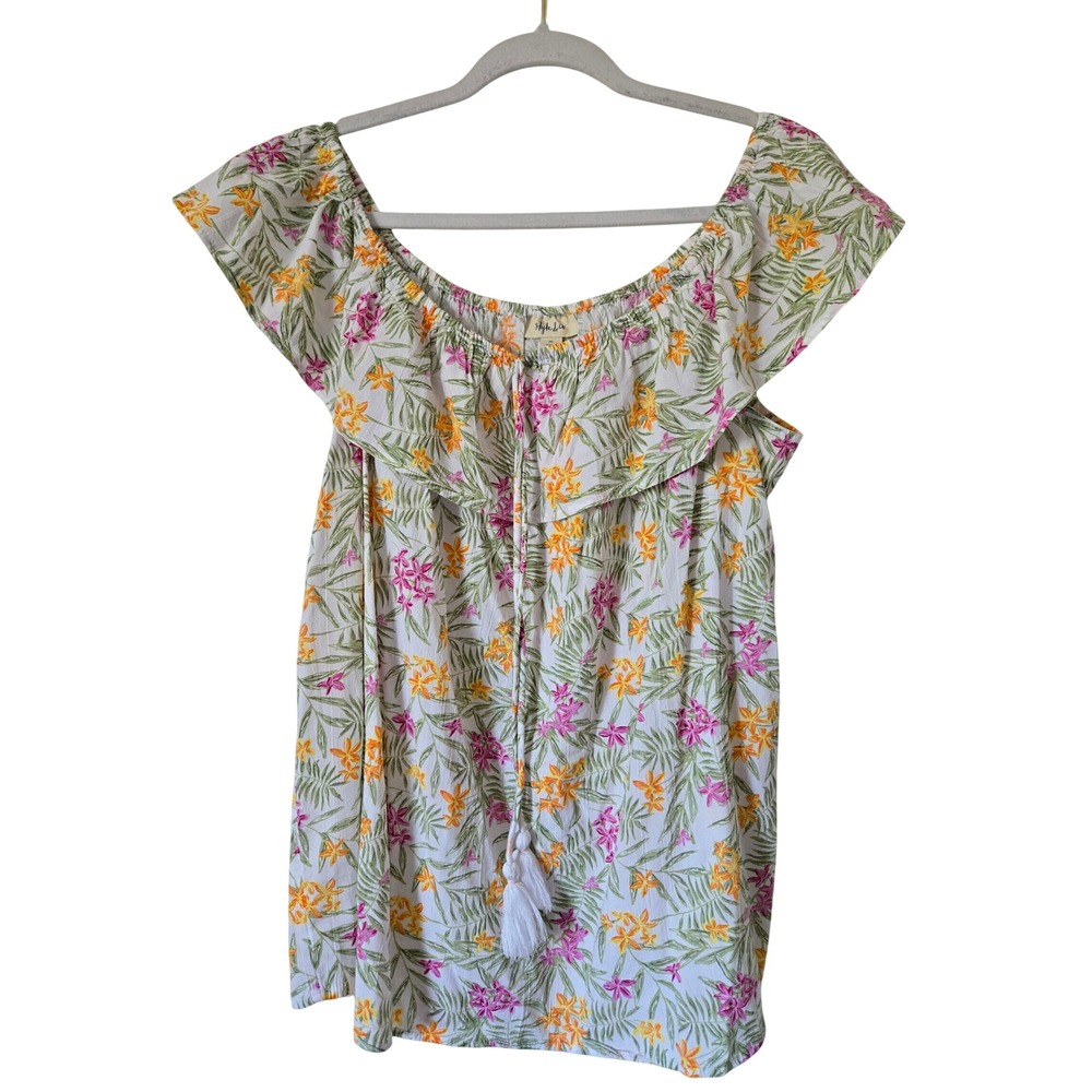 Style & Co XL Top Womens Tropical Floral Ruffle Off Shoulder Tassel Vacation